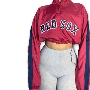 Majestic Red Sox Cropped Windbreaker Hoodie in Red and Navy